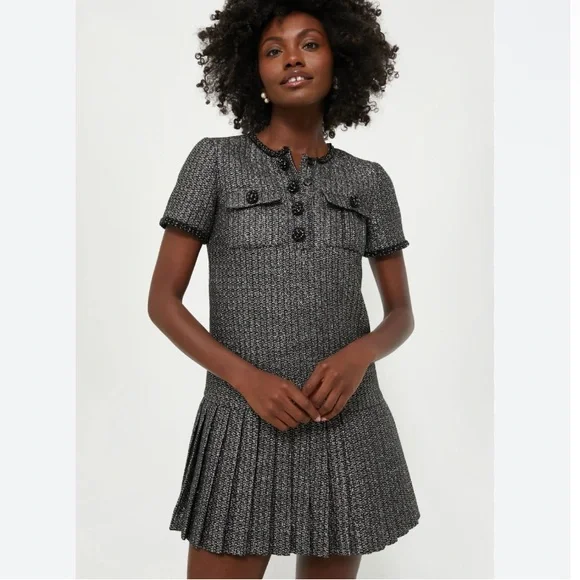 Self Portrait NEW Metallic Boucle Rhinestone Button Pleated Hem Mini Dress US 12 - Picture 2 of 14